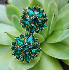 Coro Emerald Glass Screw Back Floral Earrings